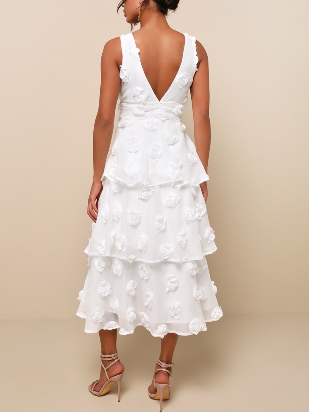 Lulus Exceptional Entrance White Sleeveless Tiered Rosette Midi Dress Size L NWT - Picture 2 of 16